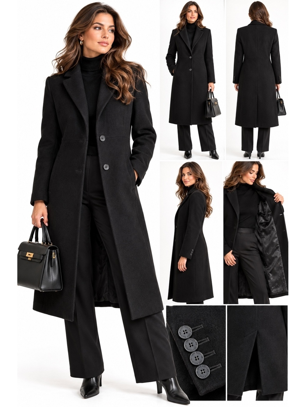 AK Anne Klein Lambswool Cashmere Black Long Tailored Overcoat Size 12